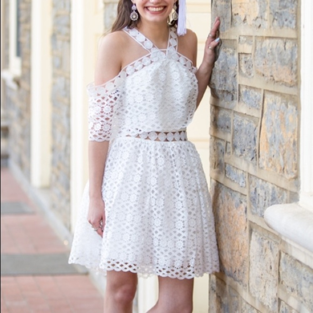 Chi-Chi London white lace off shoulder cutout mini dress